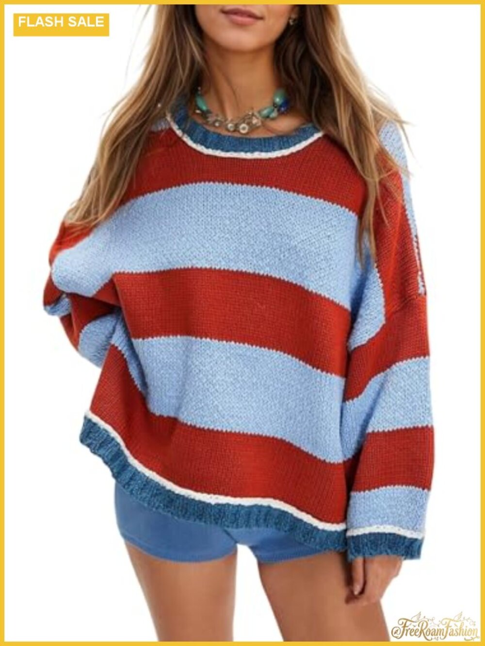 Womens Oversized Striped Chunky Knit Crewneck Pullover Sweater